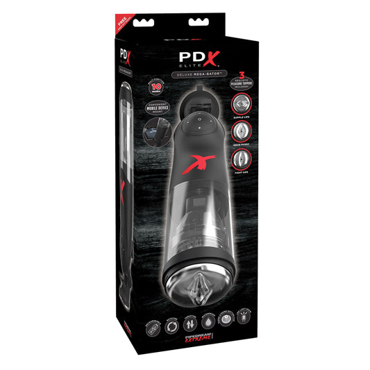 PDX Elite Deluxe Mega-Bator Rechargeable Rotating Thrusting Masturbator With Hands-Free Suction Cup Base & Interchangeable Toppers Clear/Black-Pinkfoxxx