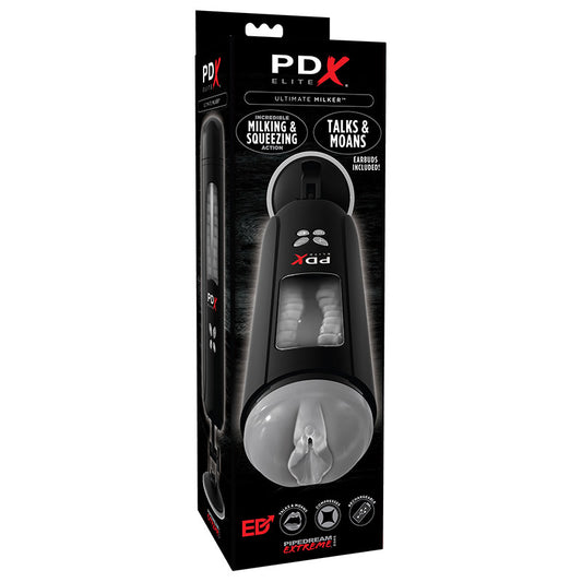PDX Elite Ultimate Milker Rechargeable Gyrating Suction Stroker With Audio and Hands-Free Suction Cup Clear/Black-Pinkfoxxx