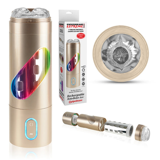 PDX Rechargeable Roto-Bator Ass Light-Up Rotating Stroker Clear/Gold-Pinkfoxxx