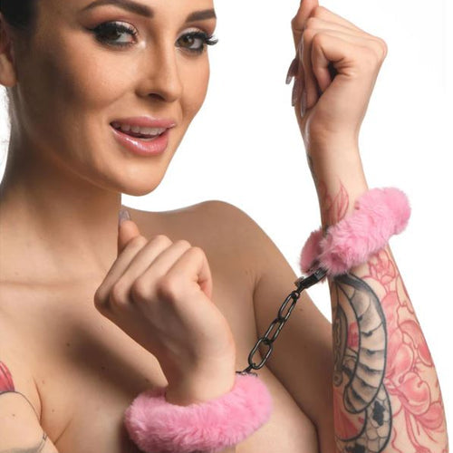 MASTER SERIES CUFFED IN FUR HANDCUFFS PINK - XRAG937PNK