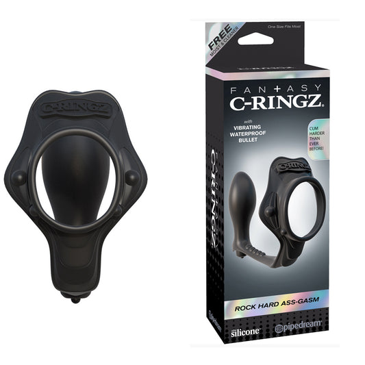 Pipedream Fantasy C-Ringz Rock Hard Ass-Gasm Vibrating Silicone Cockring With Anal Plug Black-Pinkfoxxx