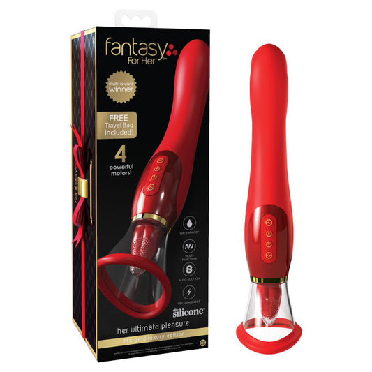 Pipedream Fantasy For Her 24k Gold Luxury Edition Her Ultimate Pleasure Rechargeable Silicone Dual-Ended Vibrator With Licking Suction Red-Pinkfoxxx