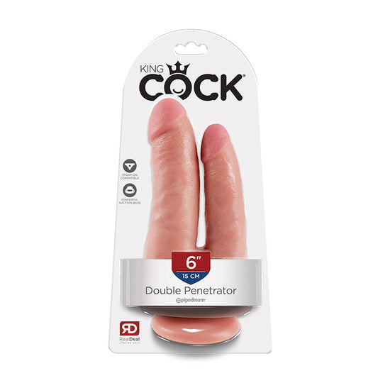 Pipedream King Cock Double Penetrator 6 in. Realistic Dual-Entry Dildo With Suction Cup Beige-Pinkfoxxx