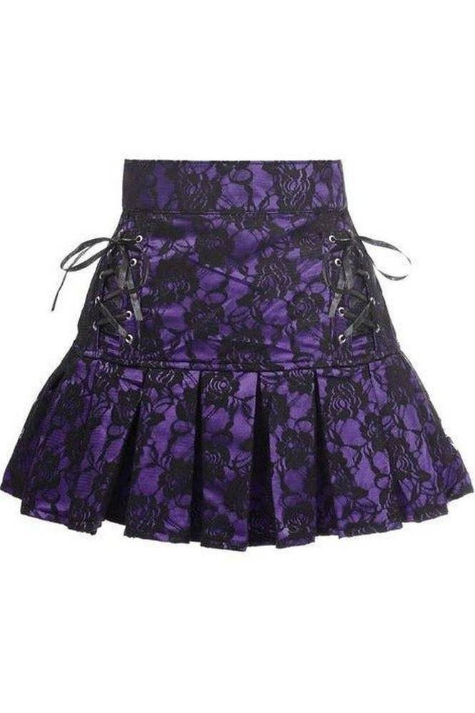 Purple Satin w/Black Lace Overlay Lace-Up Skirt