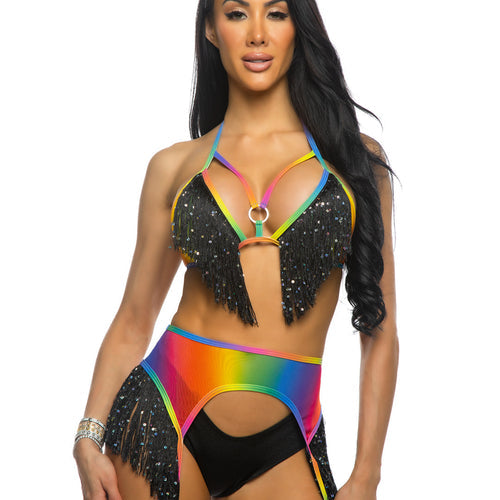 JR208 - Rainbow Fringe Top, Garter & Short Set