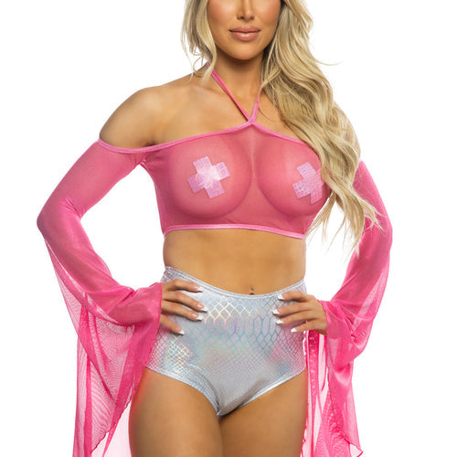 JR237 - Coated Fishnet Flair Sleeve Halter