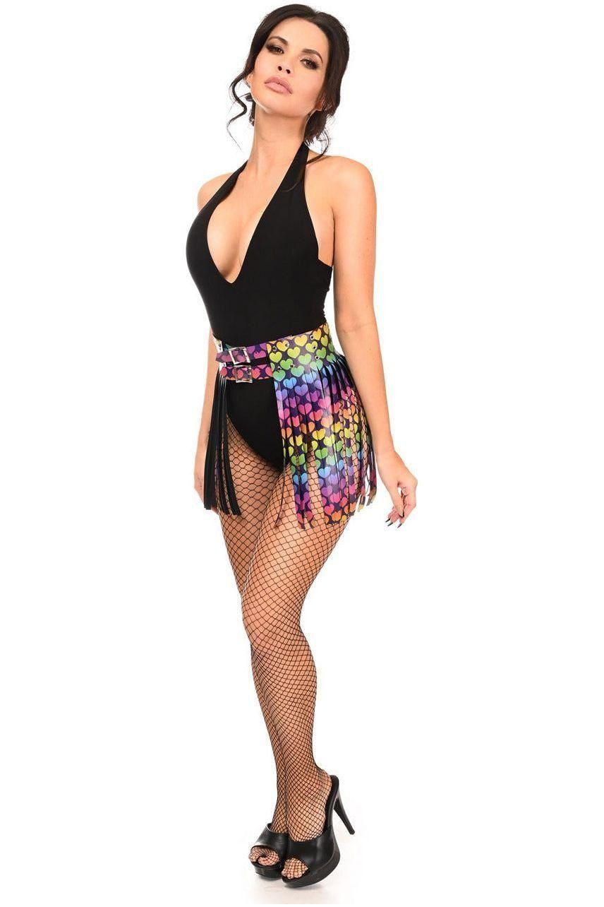 Rainbow Hearts Faux Leather Fringe Skirt