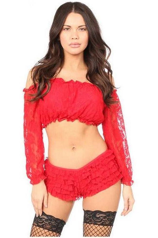 Red Lined Lace Long Sleeve Peasant Top