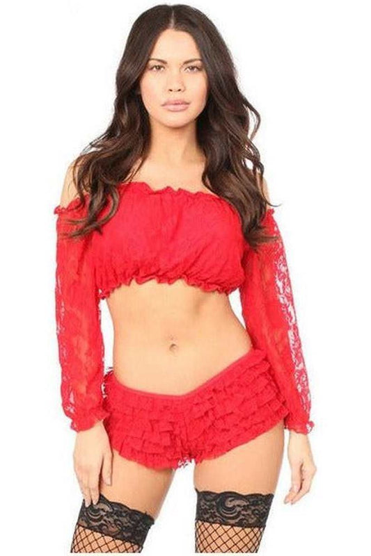Red Lined Lace Long Sleeve Peasant Top