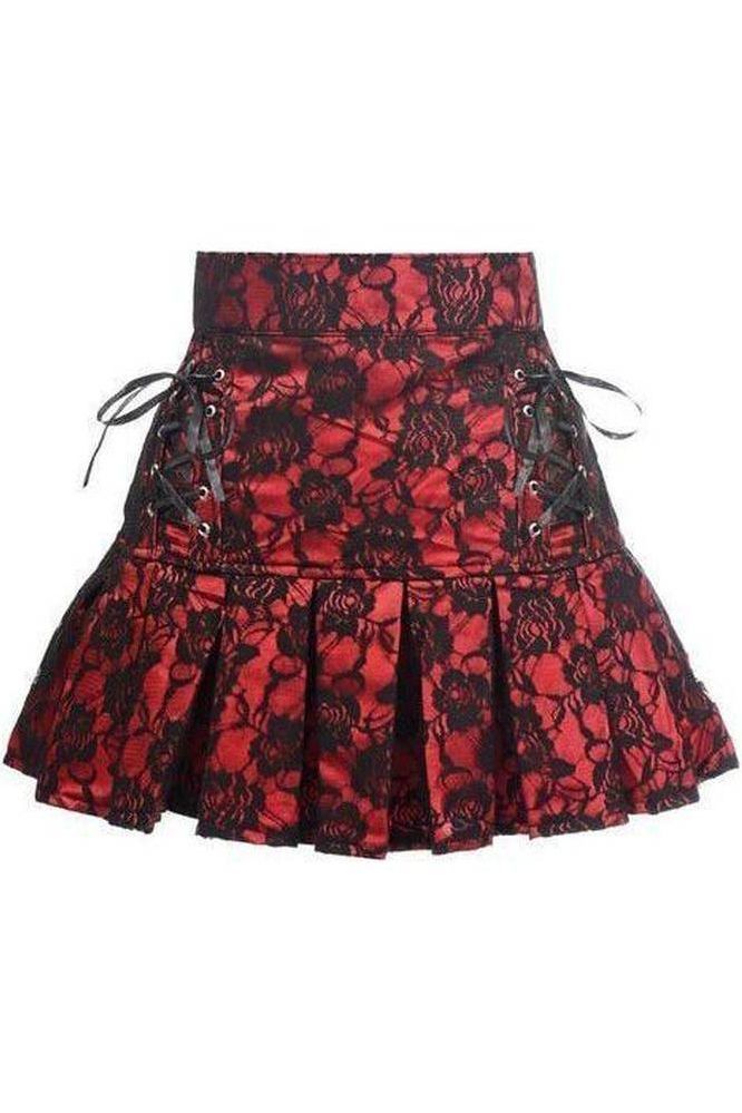 Red Satin w/Black Lace Overlay Lace-Up Skirt