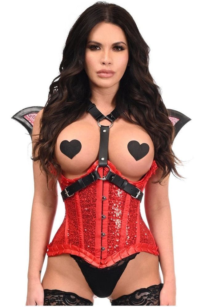Red Sequin w/Black Faux Leather Bat Wings Body Harness