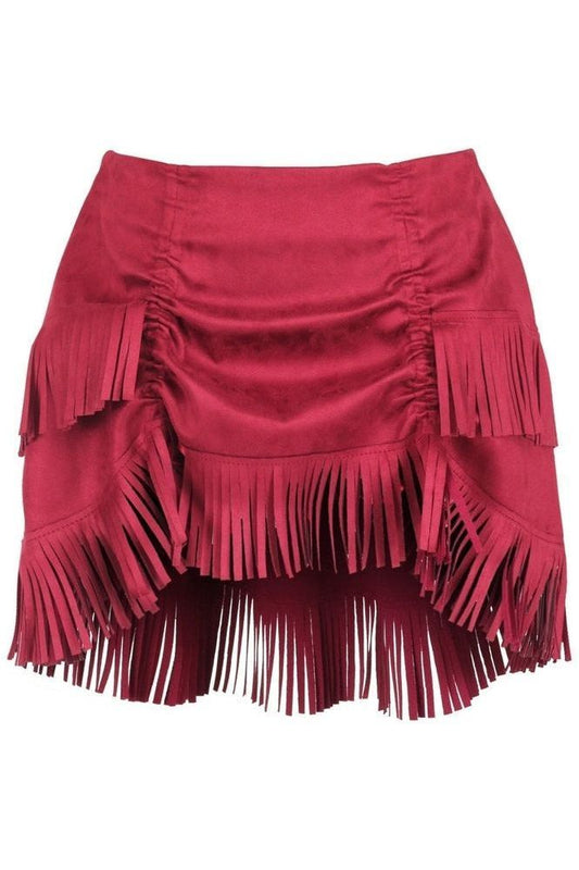 Red Suede Ruched Bustle Skirt w/Fringe