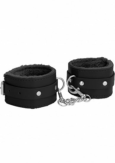 OUCH! PLUSH LEATHER HANDCUFFS BLACK - SHTOU267BLK
