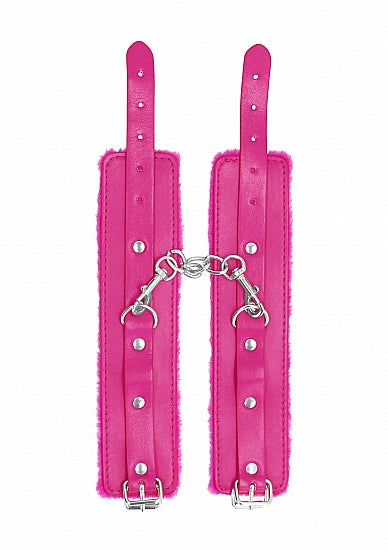 OUCH! PLUSH LEATHER HANDCUFFS PINK - SHTOU267PNK