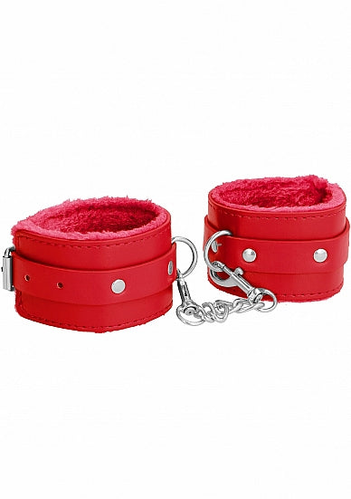 OUCH! PLUSH LEATHER HANDCUFFS RED - SHTOU267RED