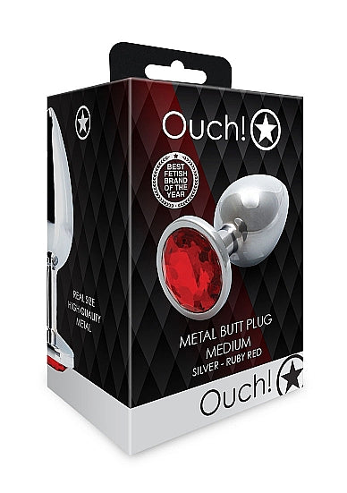 ROUND GEM BUTT PLUG MEDIUM SILVER RUBY RED - SHTOU794SIL