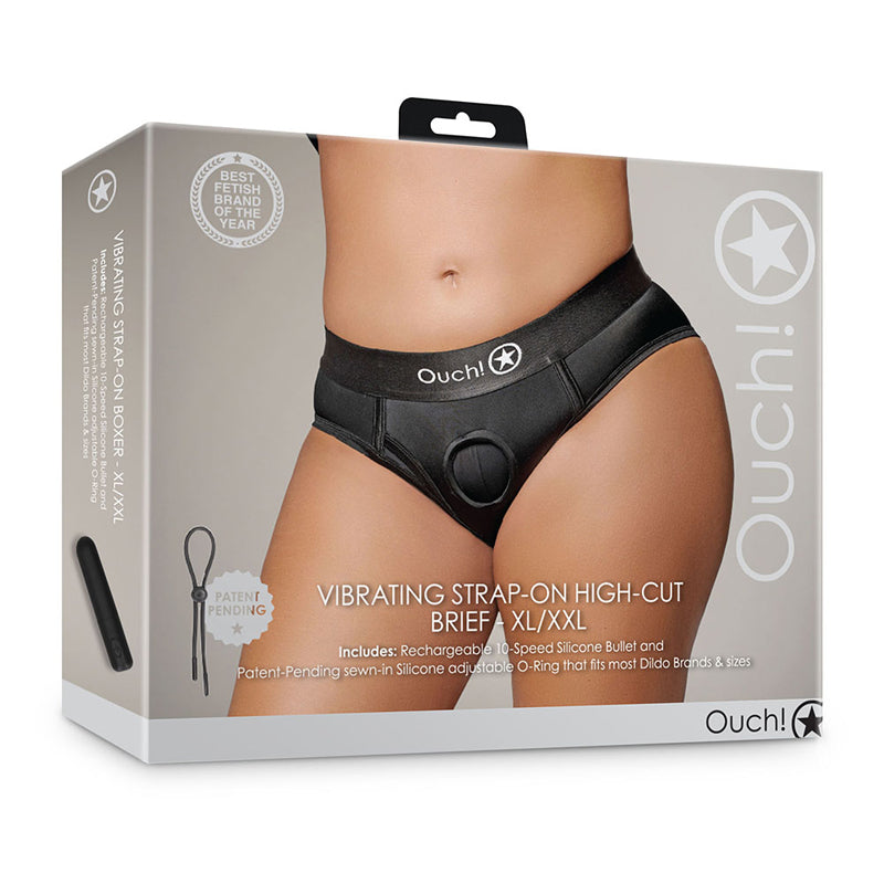 Shots Ouch! Vibrating Strap-on High-cut Brief Black-Pinkfoxxx