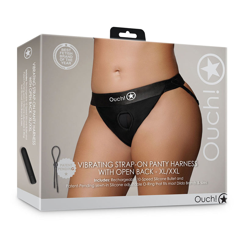 Shots Ouch! Vibrating Strap-on Panty Harness with Open Back Black-Pinkfoxxx