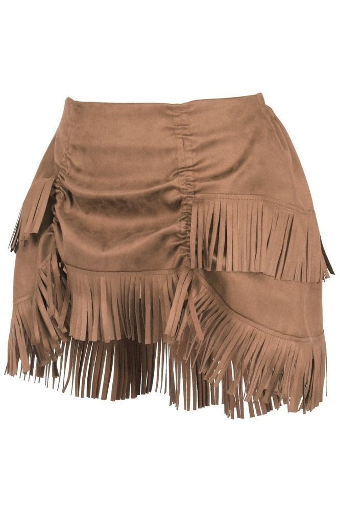 Tan Suede Ruched Bustle Skirt w/Fringe
