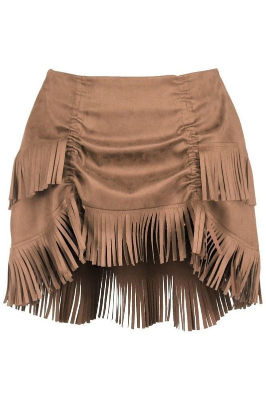 Tan Suede Ruched Bustle Skirt w/Fringe