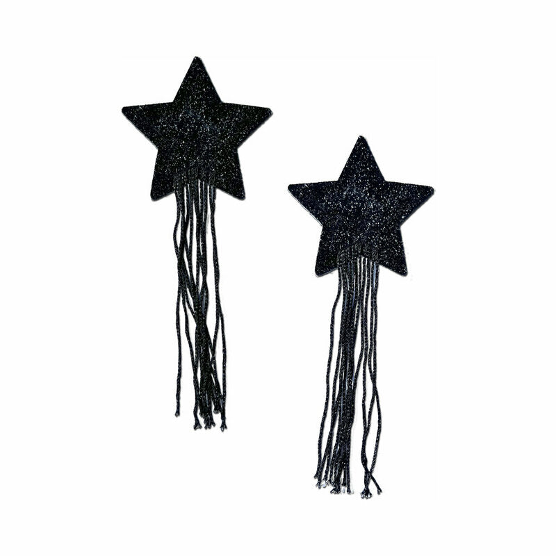 Tassel Pasties: Black Sparkle Star Pastease with Long Fringe Nipple Pasties-Pinkfoxxx