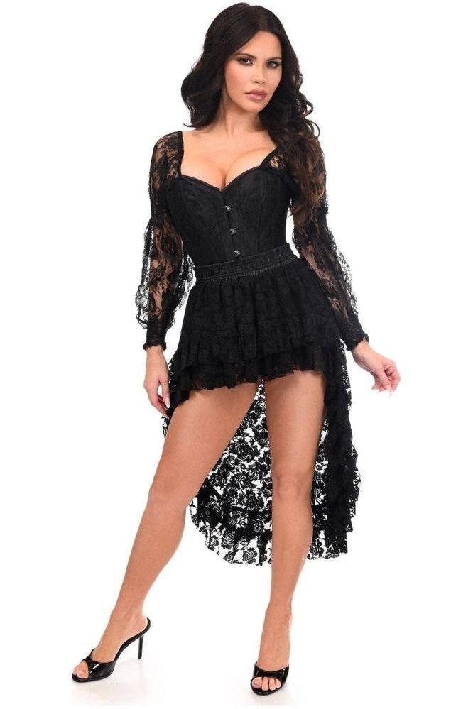 Top Drawer 2 PC Black Lace Steel Boned Corset & Lace Skirt Set