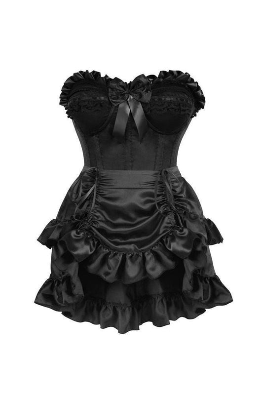 Top Drawer 2 PC Black Satin Steel Boned Burlesque Corset & Black Satin Skirt Set