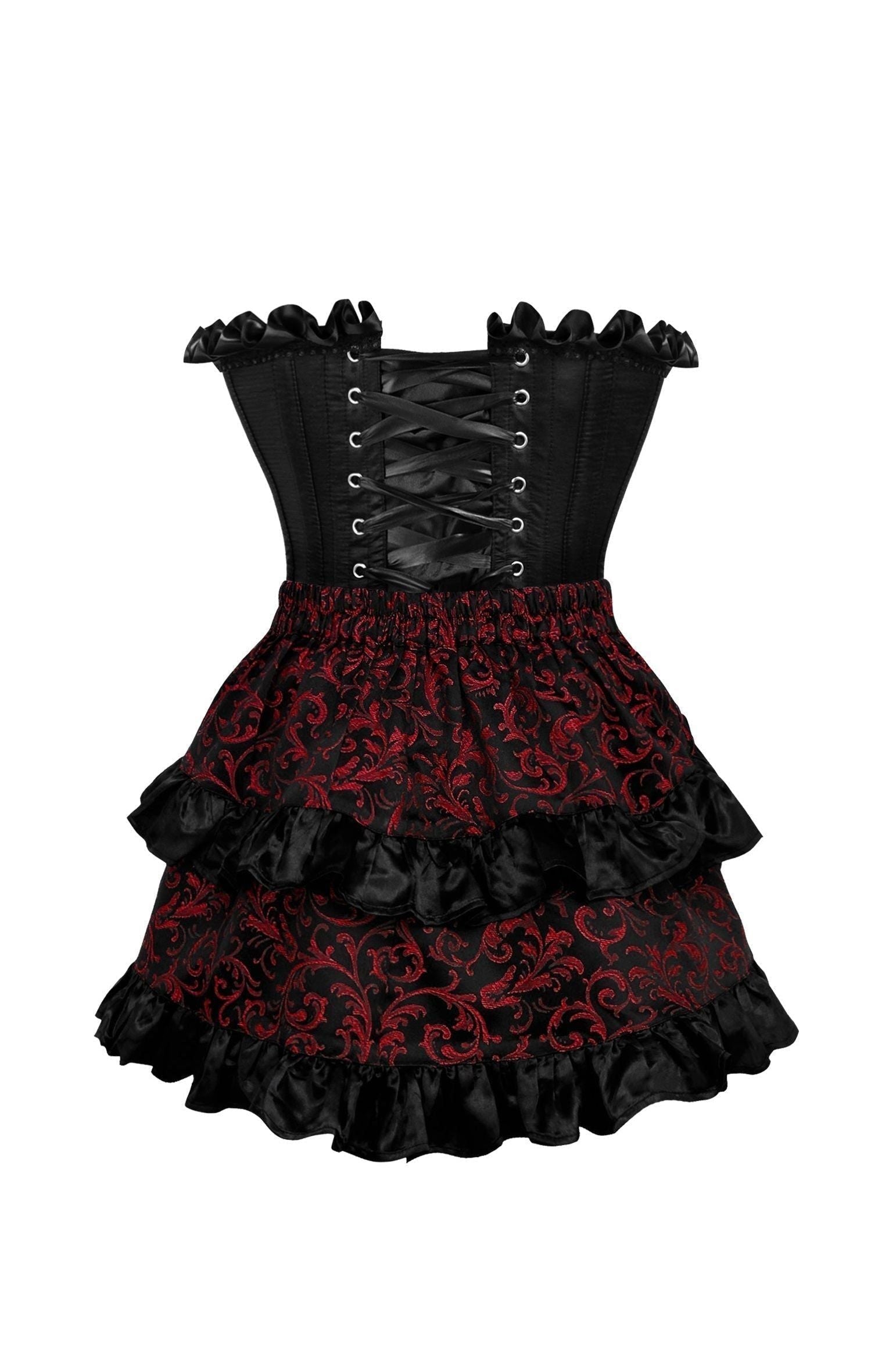 Top Drawer 2 PC Black Satin Steel Boned Burlesque Corset & Gold Brocade Skirt Set
