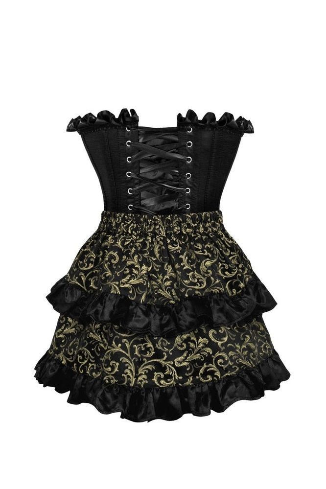 Top Drawer 2 PC Black Satin Steel Boned Burlesque Corset & Gold Brocade Skirt Set