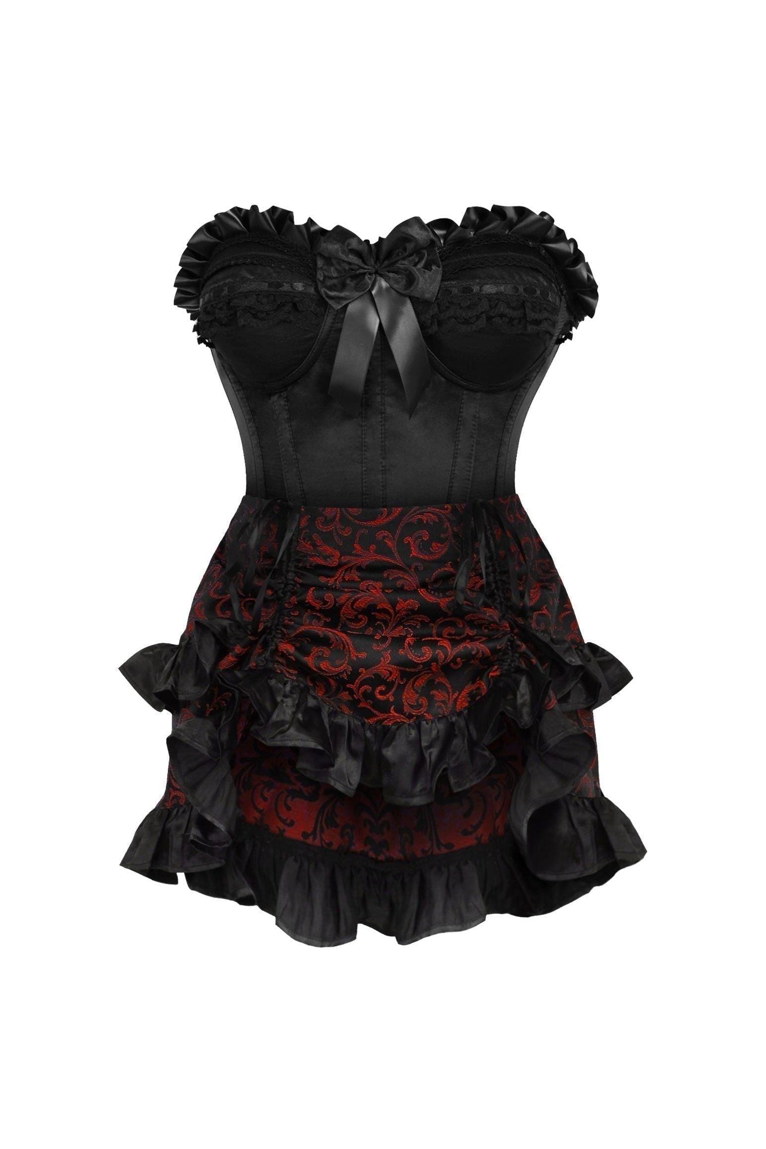 Top Drawer 2 PC Black Satin Steel Boned Burlesque Corset & Gold Brocade Skirt Set