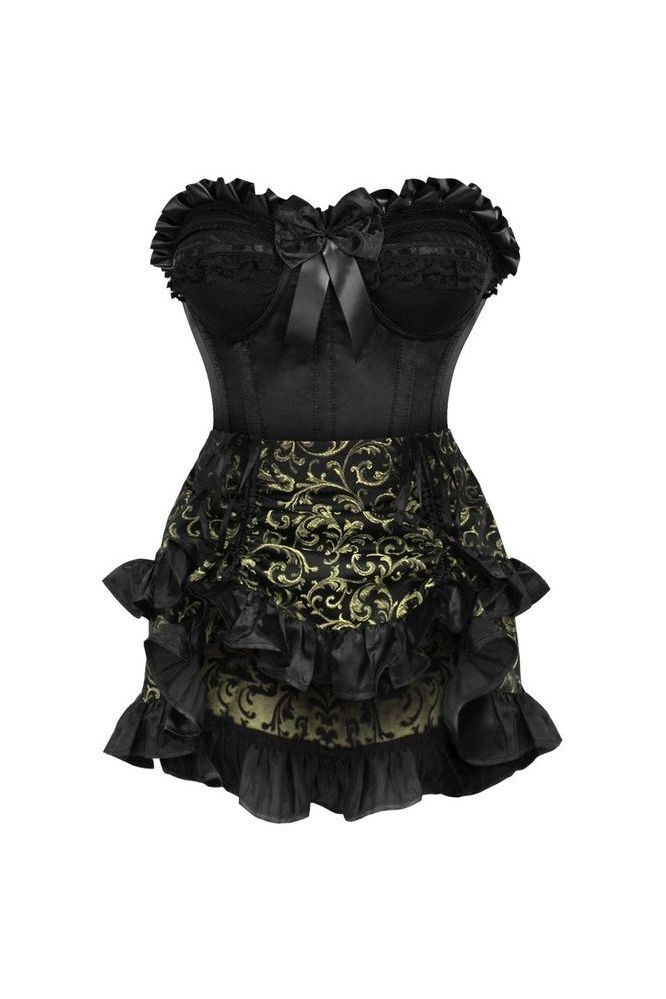 Top Drawer 2 PC Black Satin Steel Boned Burlesque Corset & Gold Brocade Skirt Set