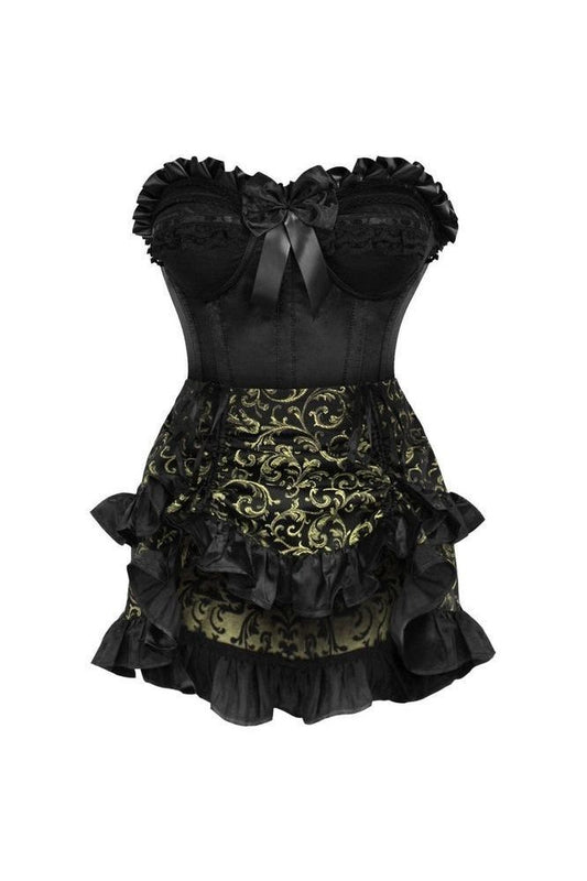 Top Drawer 2 PC Black Satin Steel Boned Burlesque Corset & Gold Brocade Skirt Set