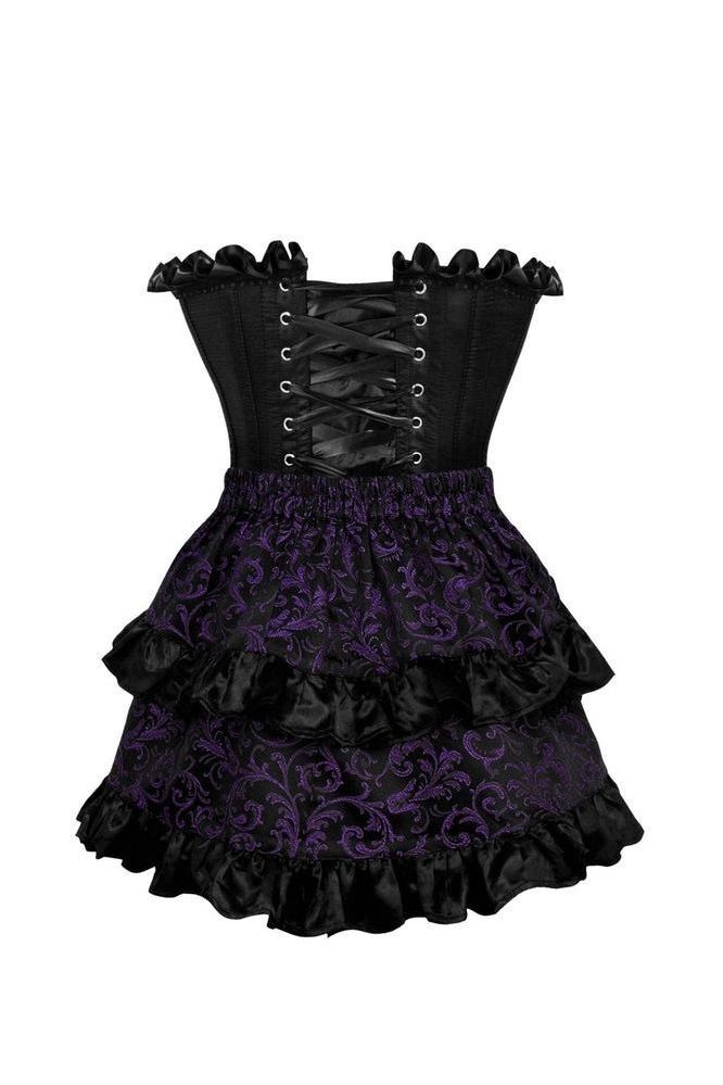 Top Drawer 2 PC Black Satin Steel Boned Burlesque Corset & Purple Brocade Skirt Set