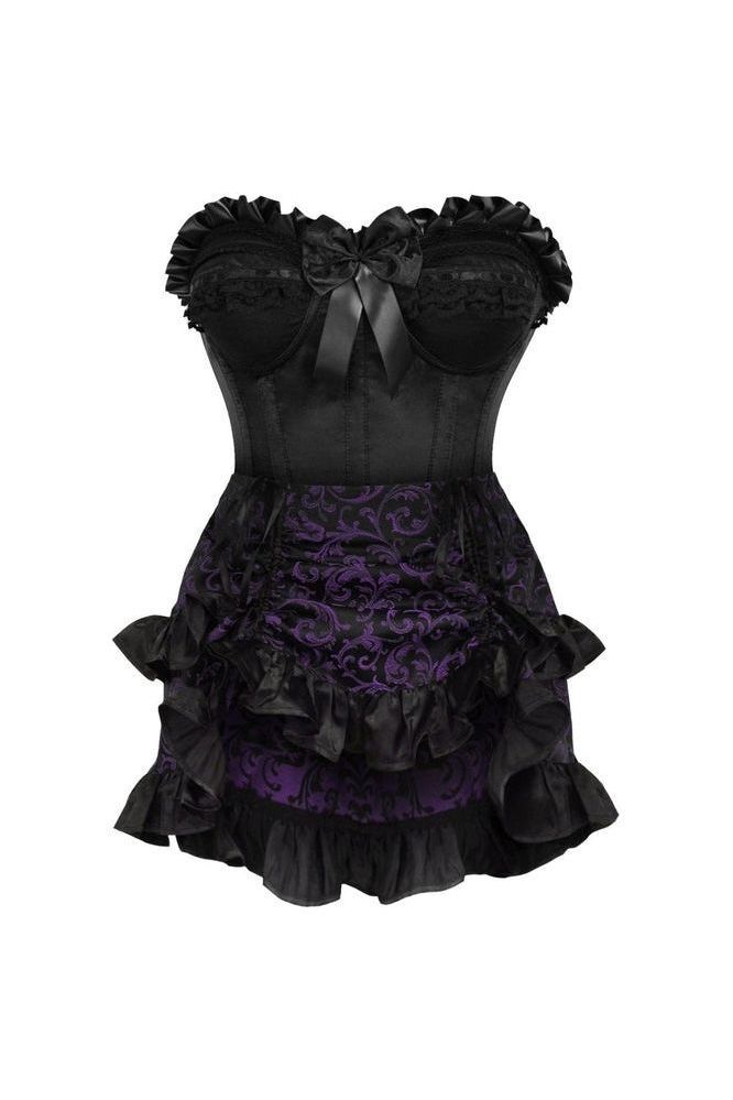 Top Drawer 2 PC Black Satin Steel Boned Burlesque Corset & Purple Brocade Skirt Set