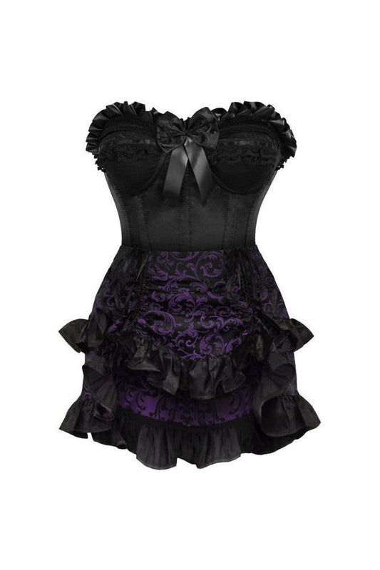 Top Drawer 2 PC Black Satin Steel Boned Burlesque Corset & Purple Brocade Skirt Set