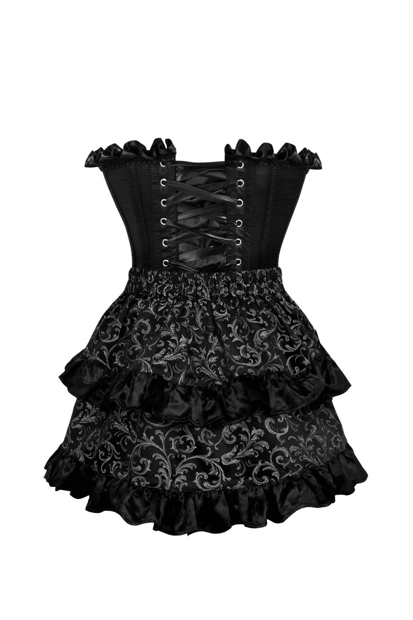 Top Drawer 2 PC Black Satin Steel Boned Burlesque Corset & Silver Brocade Skirt Set