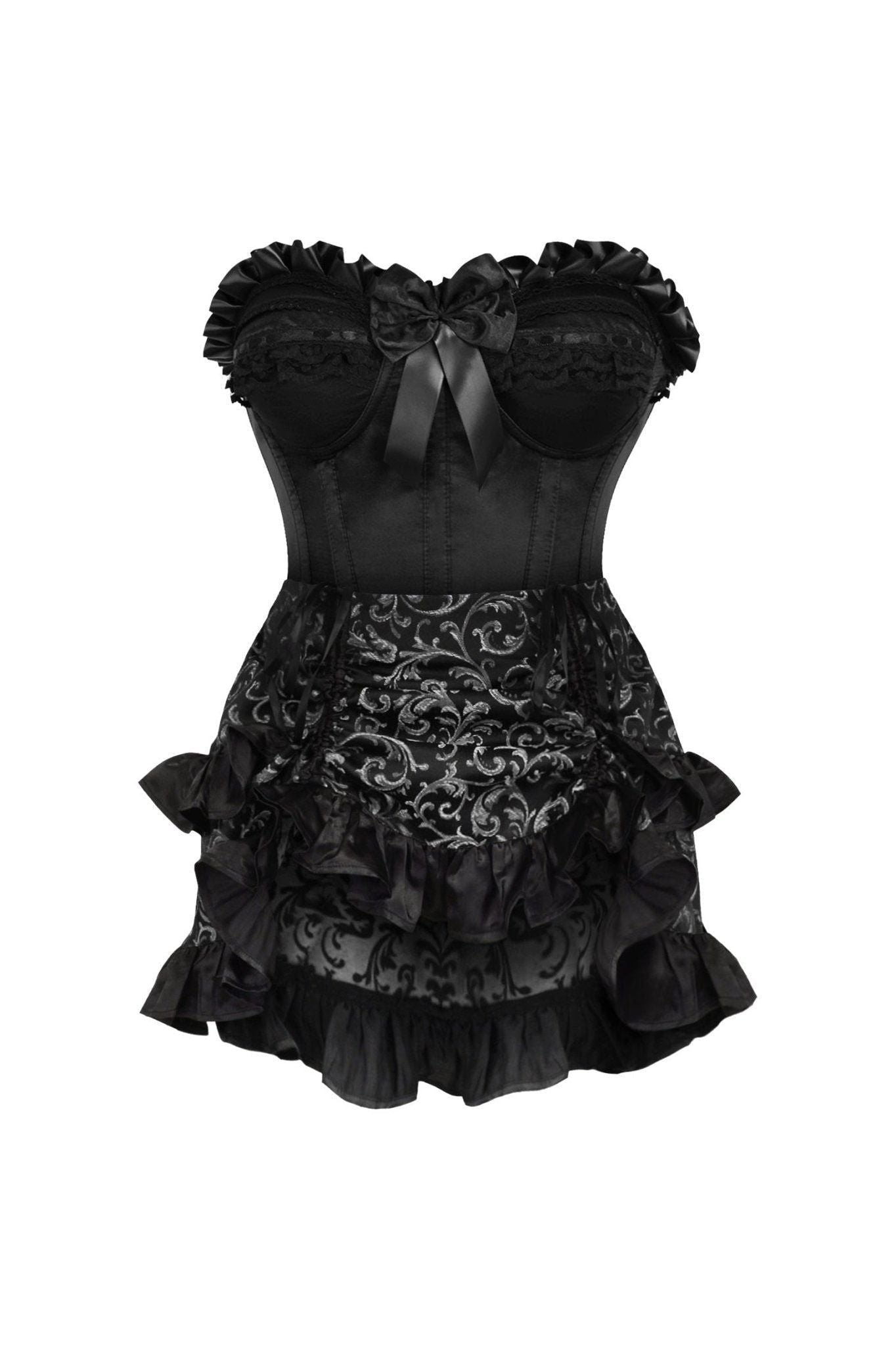 Top Drawer 2 PC Black Satin Steel Boned Burlesque Corset & Silver Brocade Skirt Set