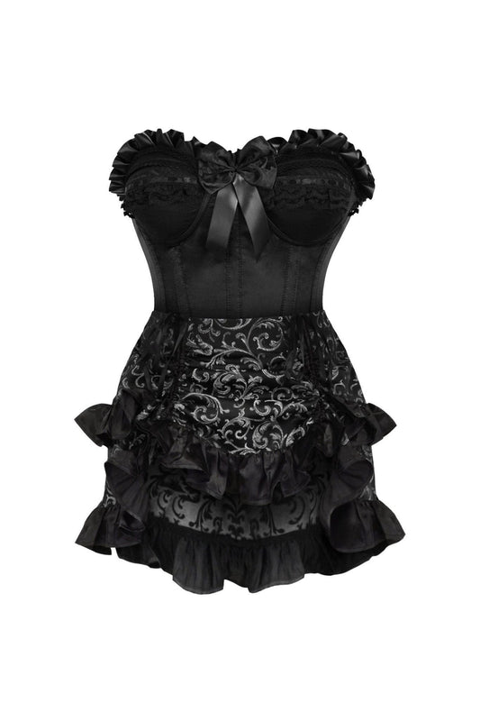 Top Drawer 2 PC Black Satin Steel Boned Burlesque Corset & Silver Brocade Skirt Set