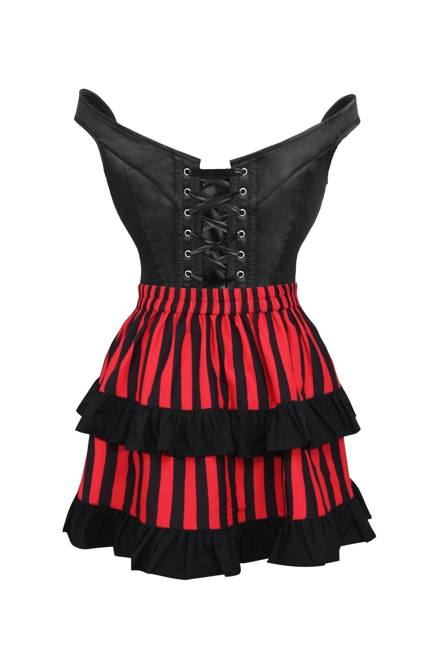 Top Drawer 2 PC Black Satin Steel Boned Corset w/Straps & Striped Skirt Set