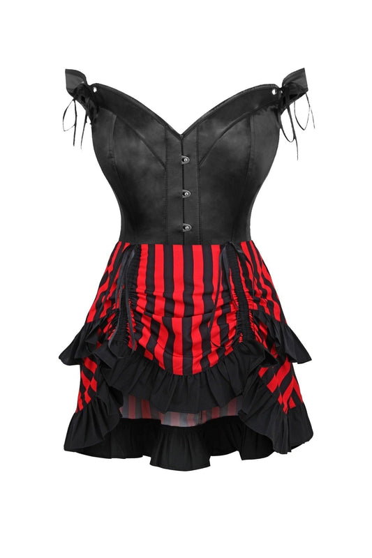 Top Drawer 2 PC Black Satin Steel Boned Corset w/Straps & Striped Skirt Set