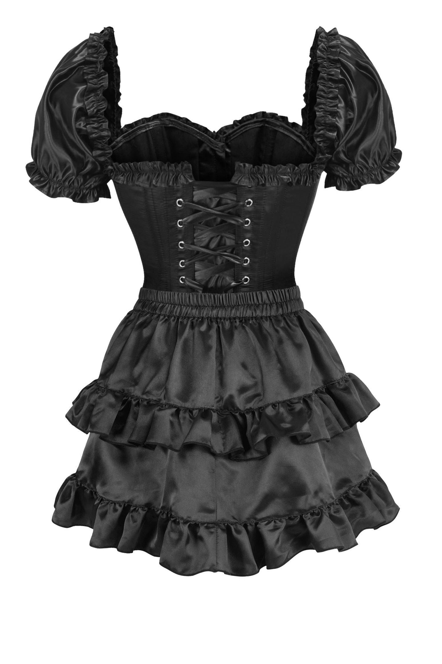 Top Drawer 2 PC Black Satin Steel Boned Overbust Corset w/Sleeves & Satin Skirt Set