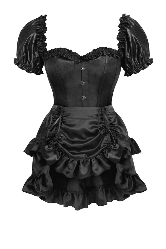 Top Drawer 2 PC Black Satin Steel Boned Overbust Corset w/Sleeves & Satin Skirt Set