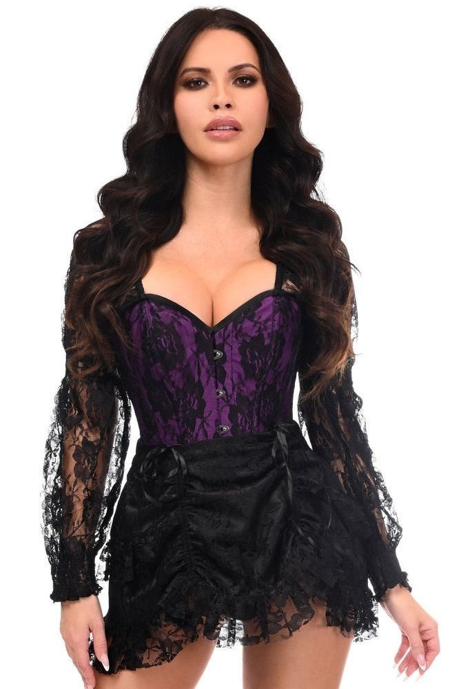 Top Drawer 2 PC Black/Purple Lace Steel Boned Corset & Skirt Set