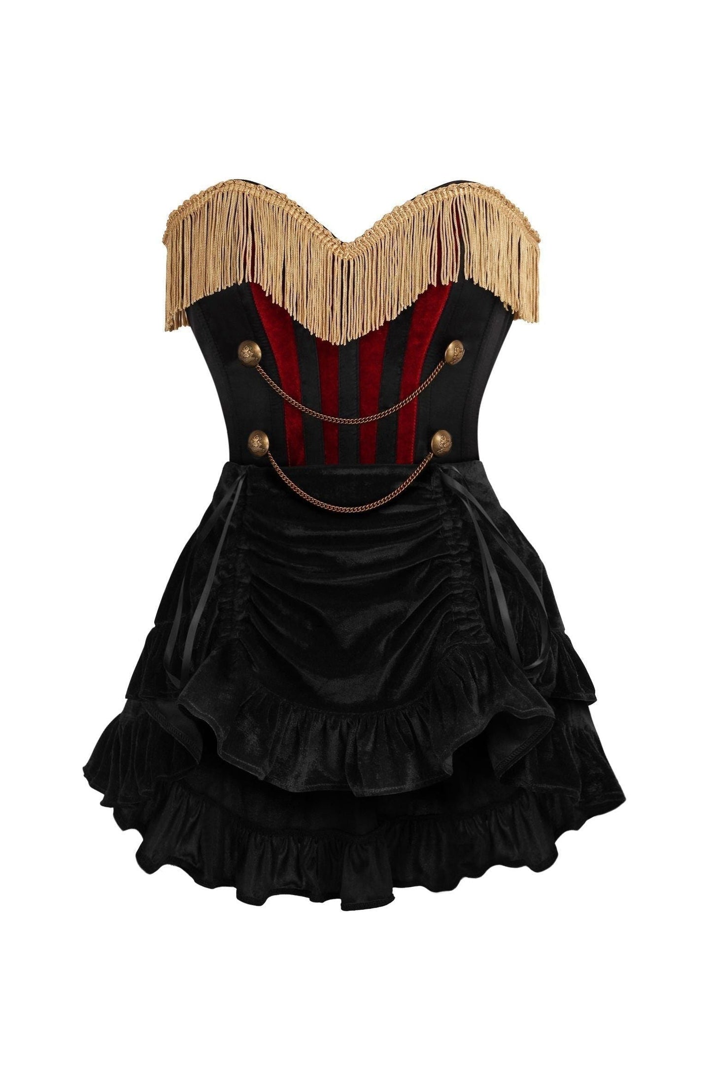 Top Drawer 2 PC Burlesque Black & Dark Red Steel Boned Corset w/Gold Fringe & Skirt Set