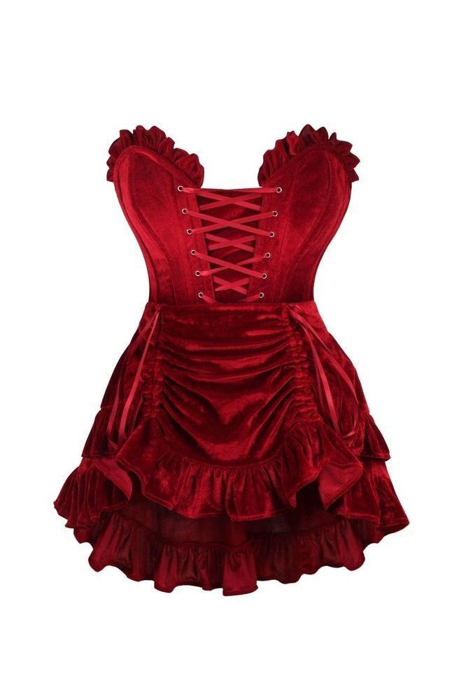 Top Drawer 2 PC Dark Red Velvet Lace-Up Corset & Skirt Set
