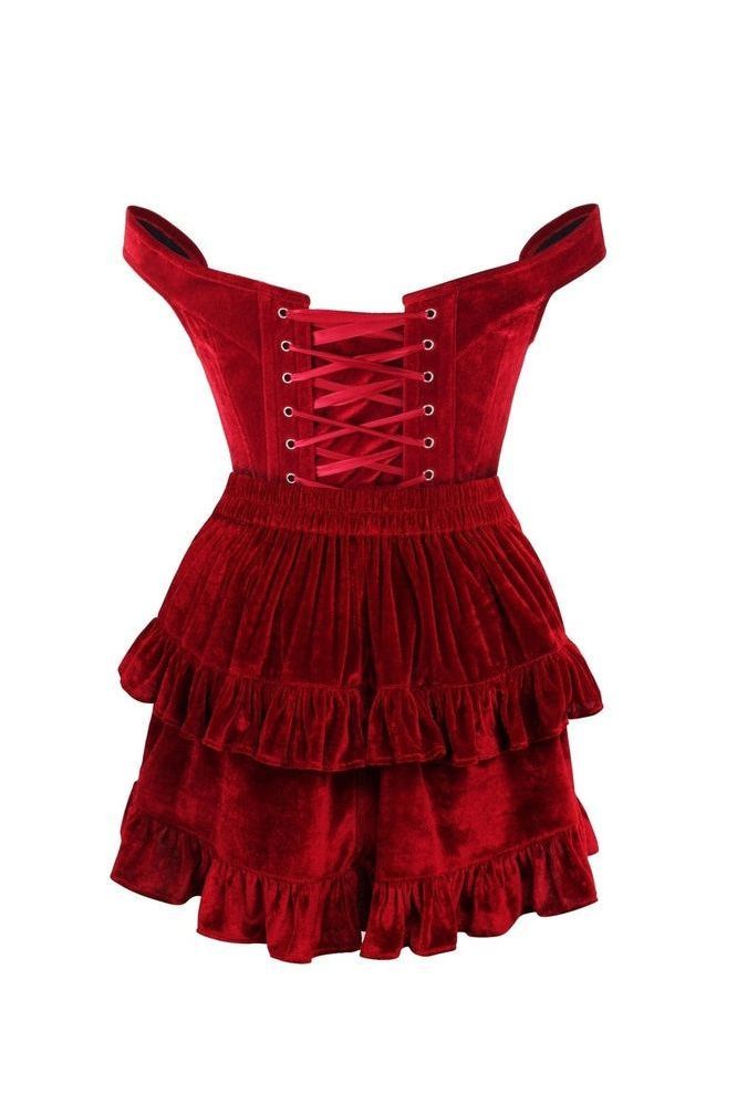 Top Drawer 2 PC Dark Red Velvet Steel Boned Corset & Skirt Set