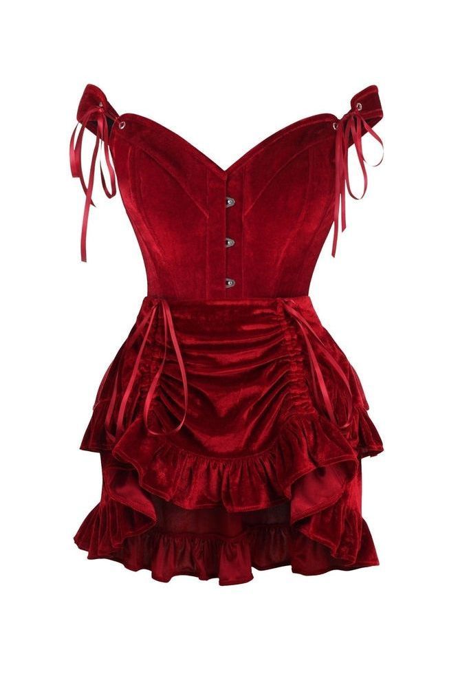 Top Drawer 2 PC Dark Red Velvet Steel Boned Corset & Skirt Set