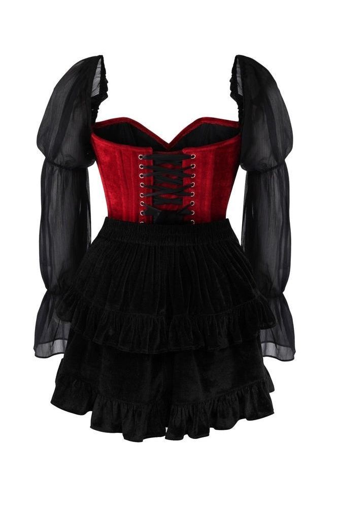 Top Drawer 2 PC Dark Red Velvet Steel Boned Corset w/Sleeves & Skirt Set