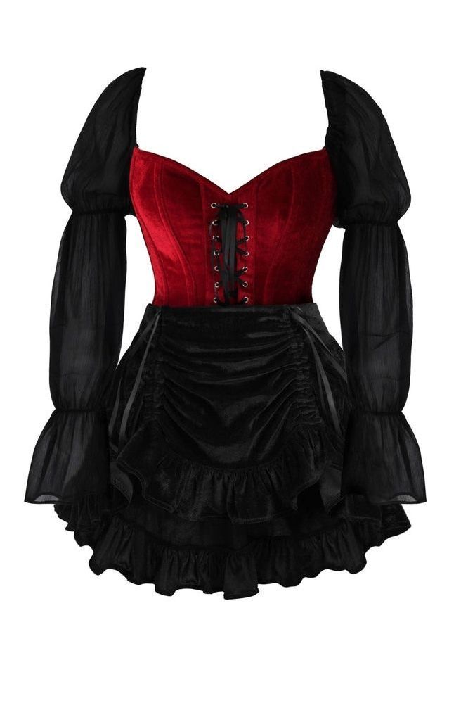 Top Drawer 2 PC Dark Red Velvet Steel Boned Corset w/Sleeves & Skirt Set