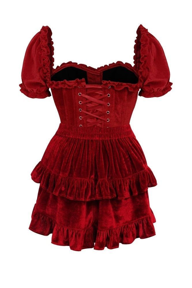 Top Drawer 2 PC Dark Red Velvet Steel Boned Corset w/sleeves & Skirt Set